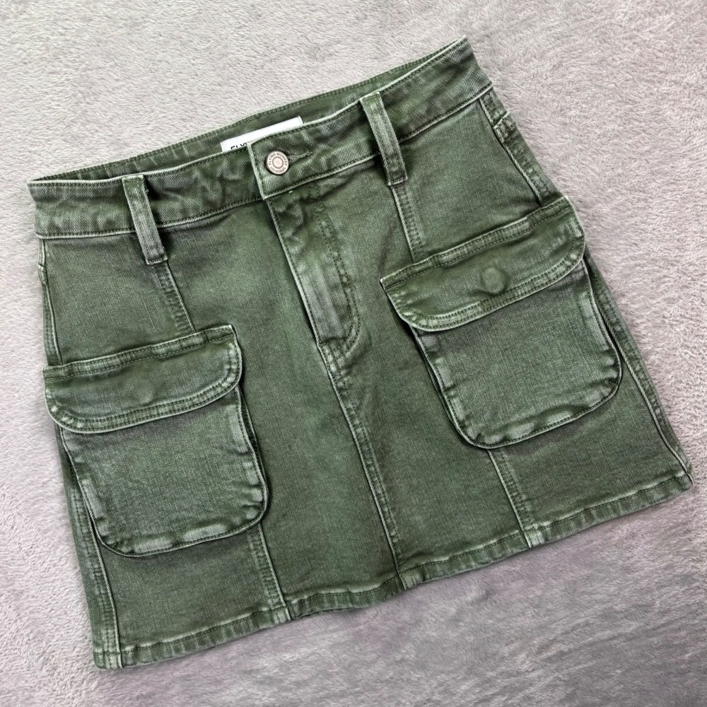 Flying‎ Monkey Women Skirt Sz 25 Olive Green Cargo Utility Denim Mini Skirt
